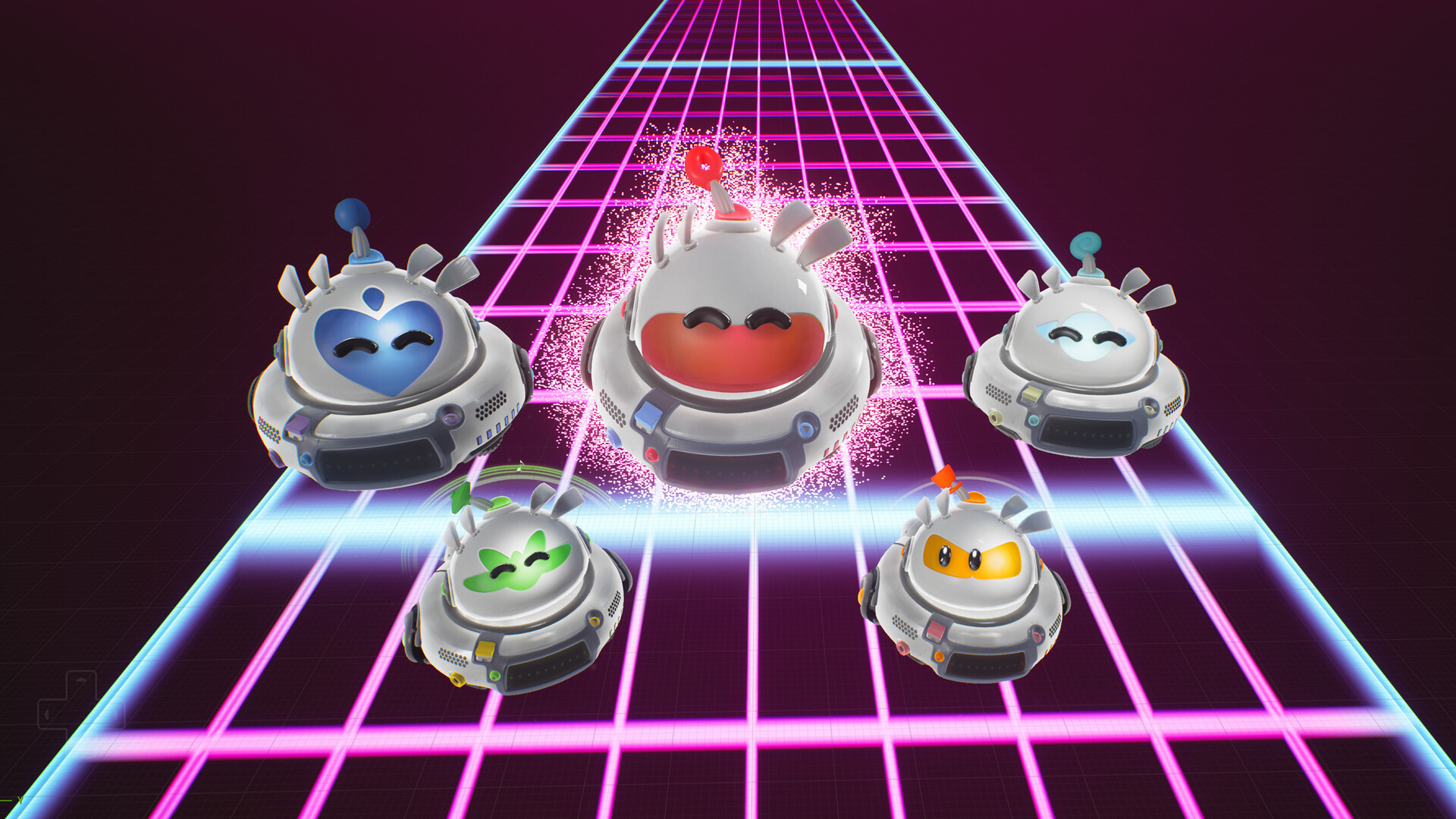 SONGBOY: five sound-making robots on a neon grid stage