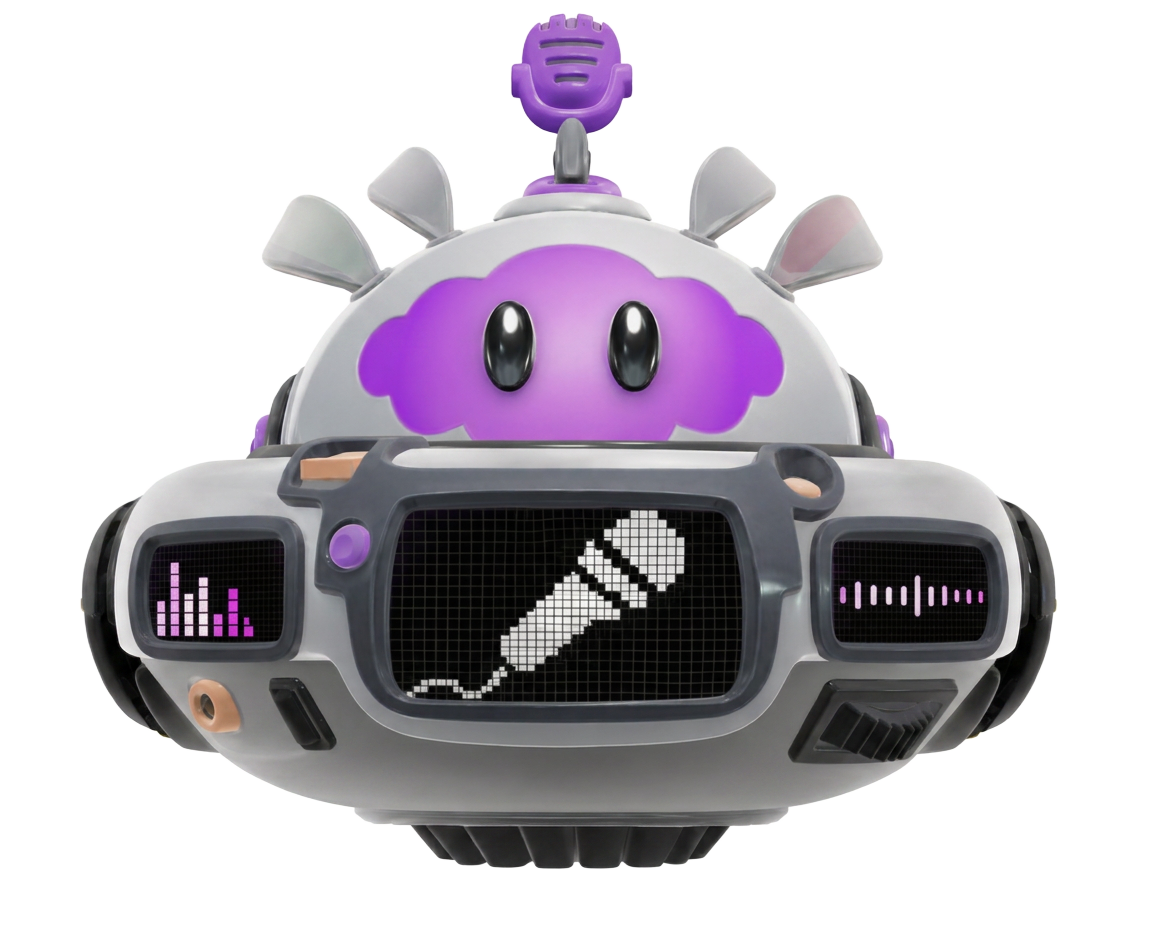 SONGBOY robot: chunky grey and purple sound-making bot with pixel screens