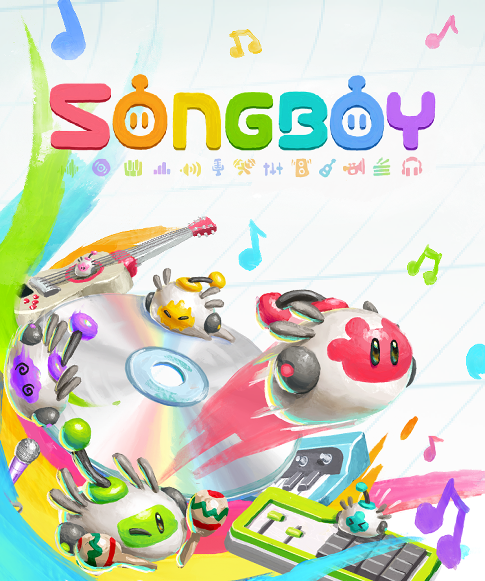 SONGBOY key art: painterly robots, guitar, keyboard and mixer with the SONGBOY logo